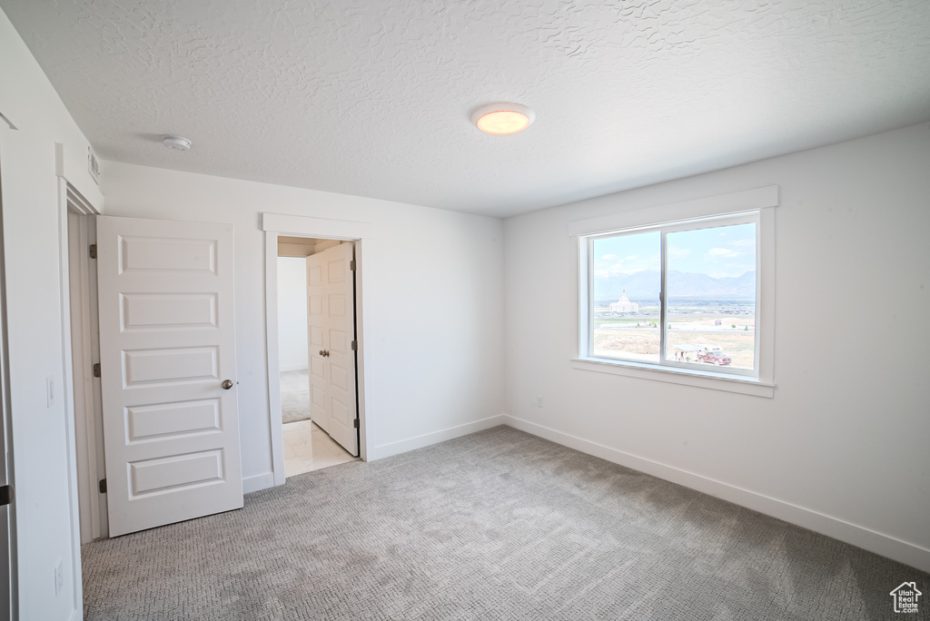 Unfurnished bedroom featuring carpet and a textured ceiling