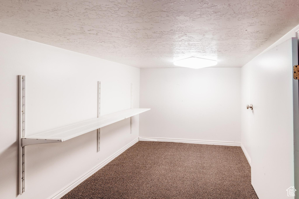 Below grade area with carpet and a textured ceiling