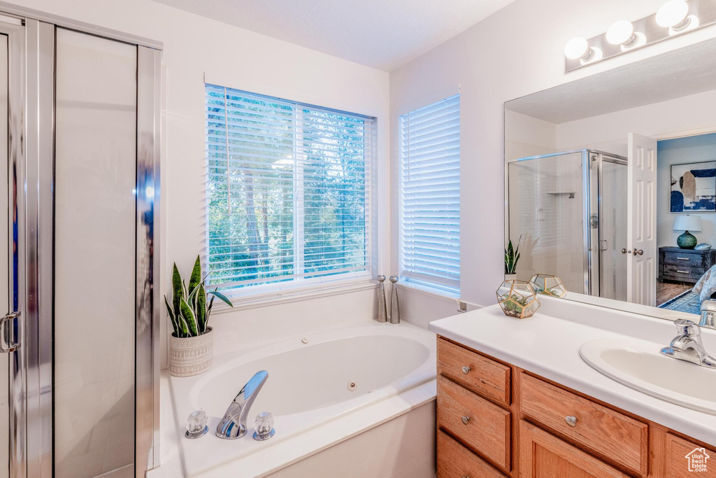 Full bathroom featuring plenty of natural light, a stall shower, vanity, and a tub with jets