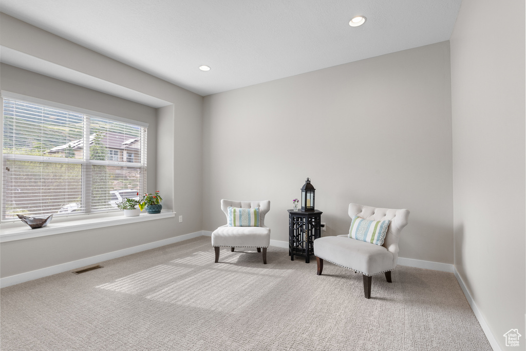Sitting room with carpet floors and recessed lighting
