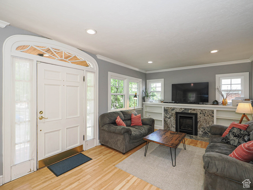 Living room with light wood-type flooring, ornamental molding, a premium fireplace, and recessed lighting