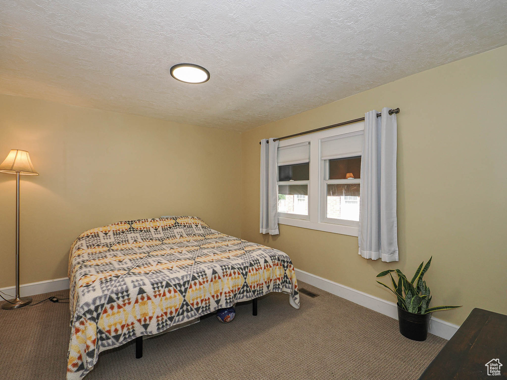 Bedroom with carpet and a textured ceiling