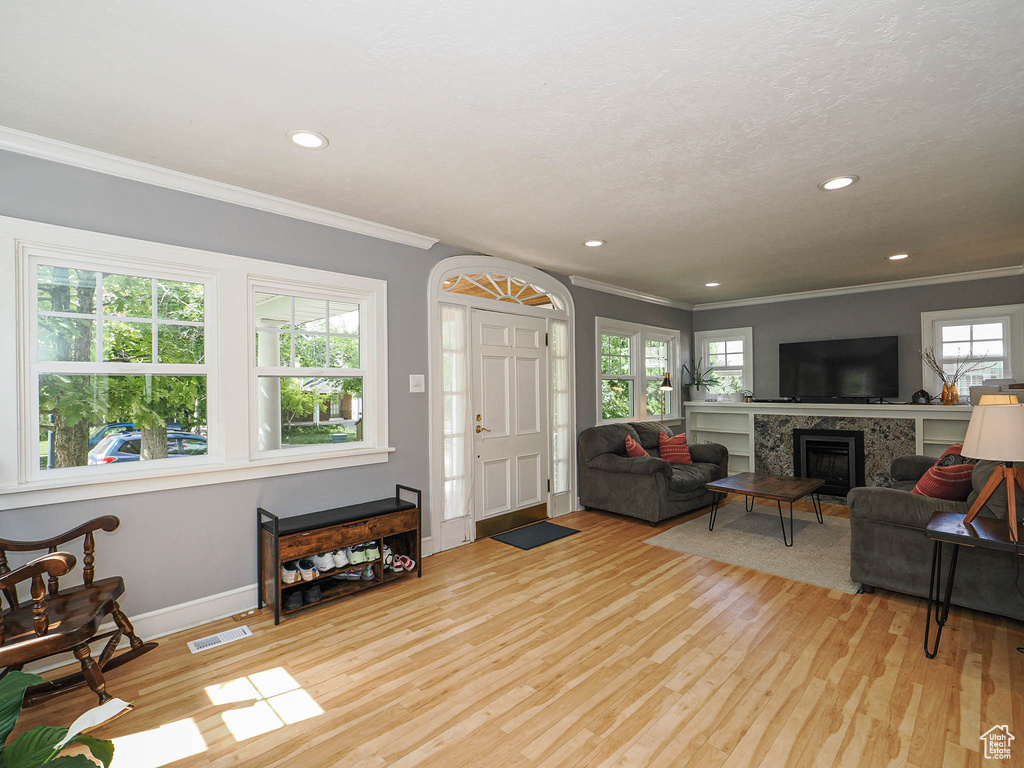 Living room featuring crown molding, a premium fireplace, light wood finished floors, and recessed lighting