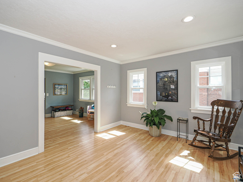 Living area with ornamental molding, light wood-style flooring, and recessed lighting