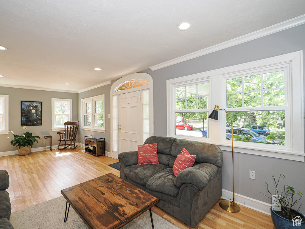 Living area with light wood-style floors, ornamental molding, and recessed lighting