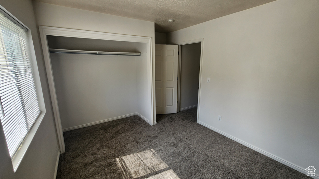 Unfurnished bedroom with multiple windows, carpet floors, a closet, and a textured ceiling