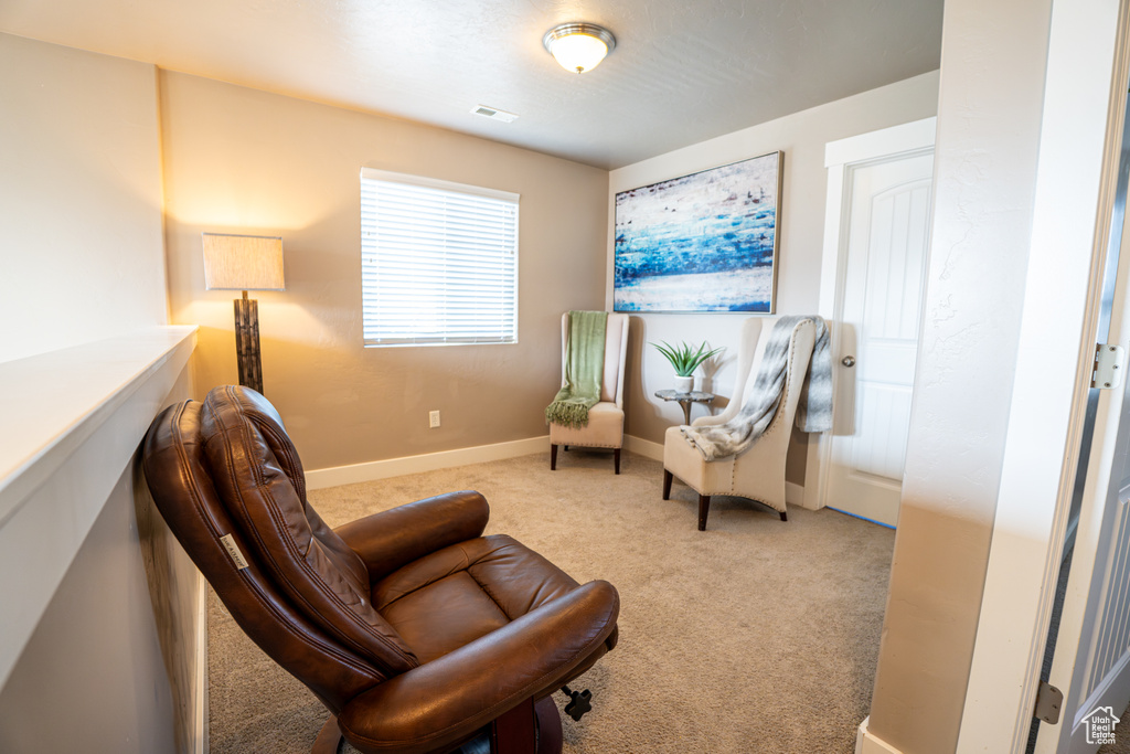Living area featuring carpet and baseboards
