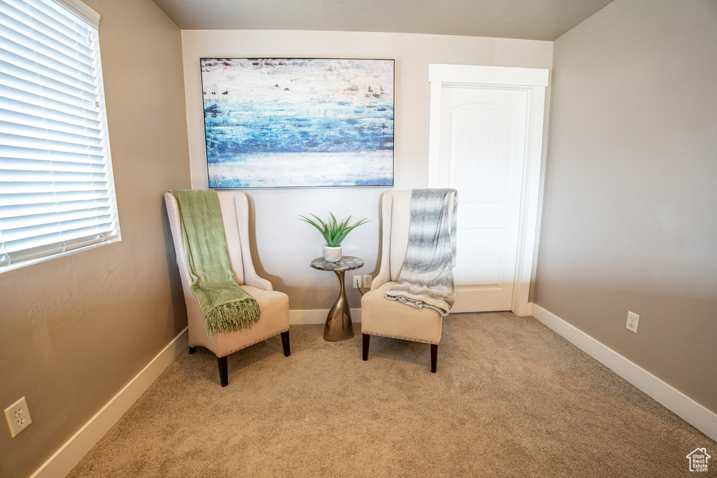 Living area featuring light carpet and baseboards