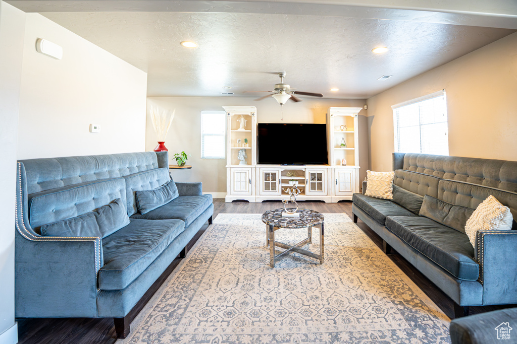 Living room featuring wood finished floors, plenty of natural light, ceiling fan, and recessed lighting