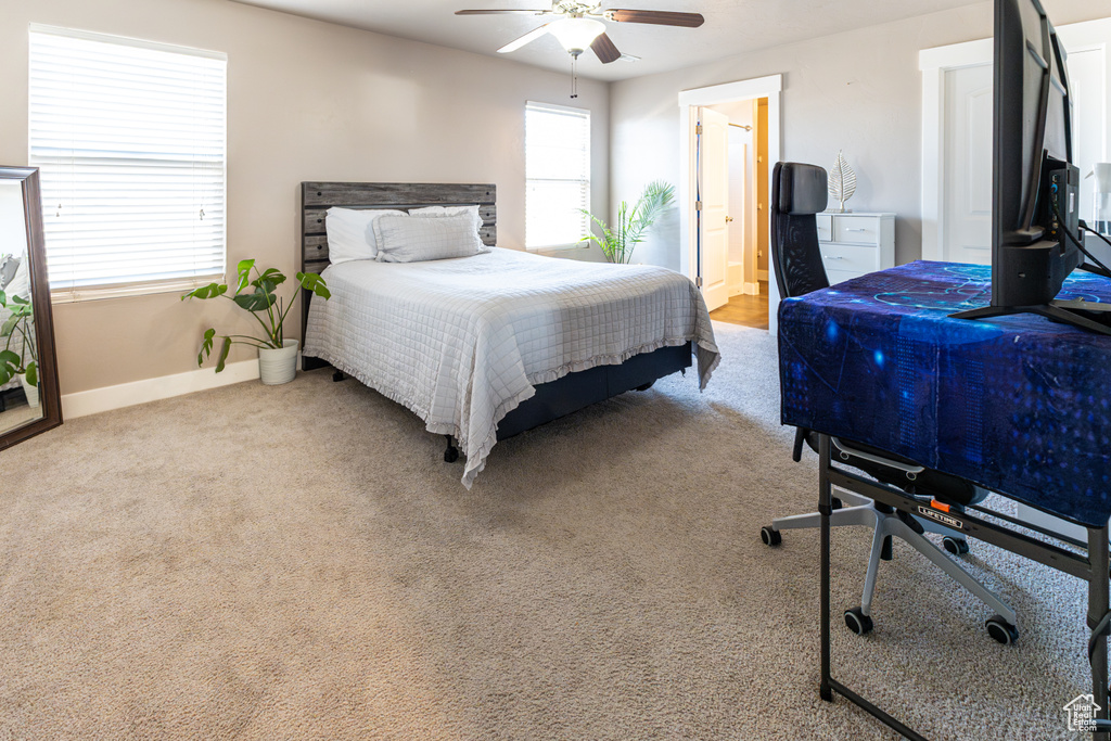 Bedroom featuring carpet floors, a ceiling fan, and connected bathroom