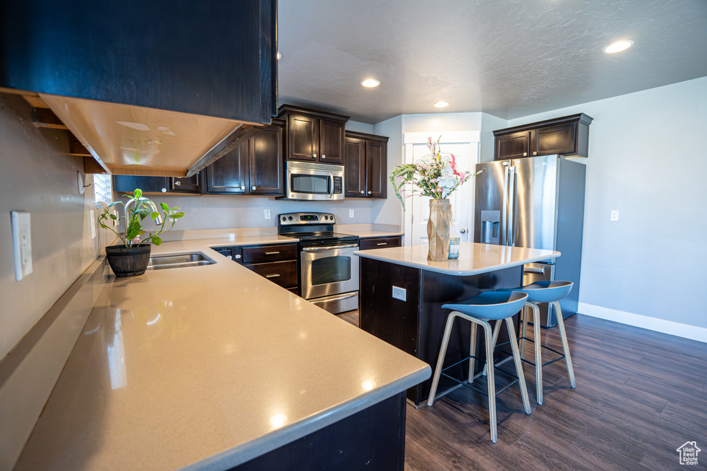 Kitchen with appliances with stainless steel finishes, dark wood-type flooring, light countertops, and recessed lighting