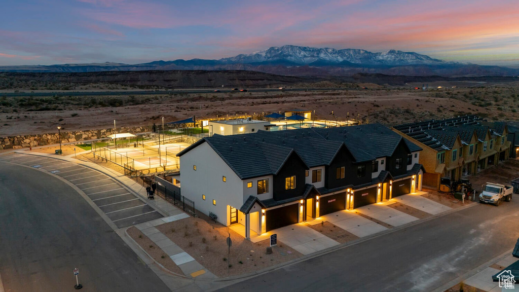 Aerial view at dusk of a mountain view