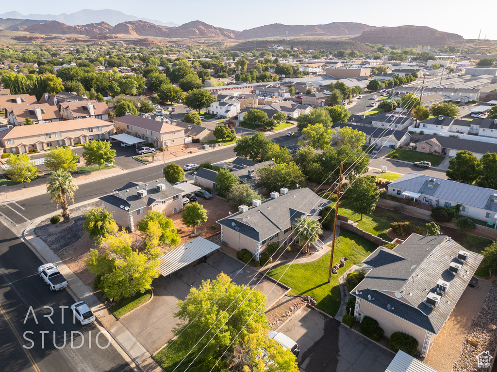 Aerial perspective of suburban area featuring mountains