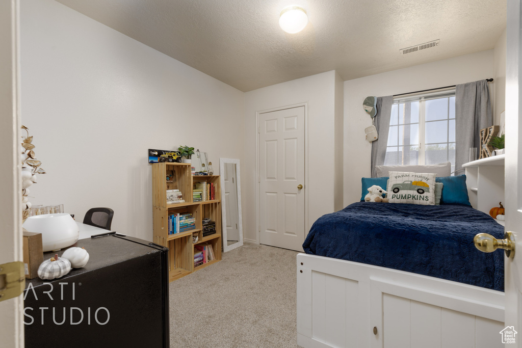 Carpeted bedroom featuring a textured ceiling