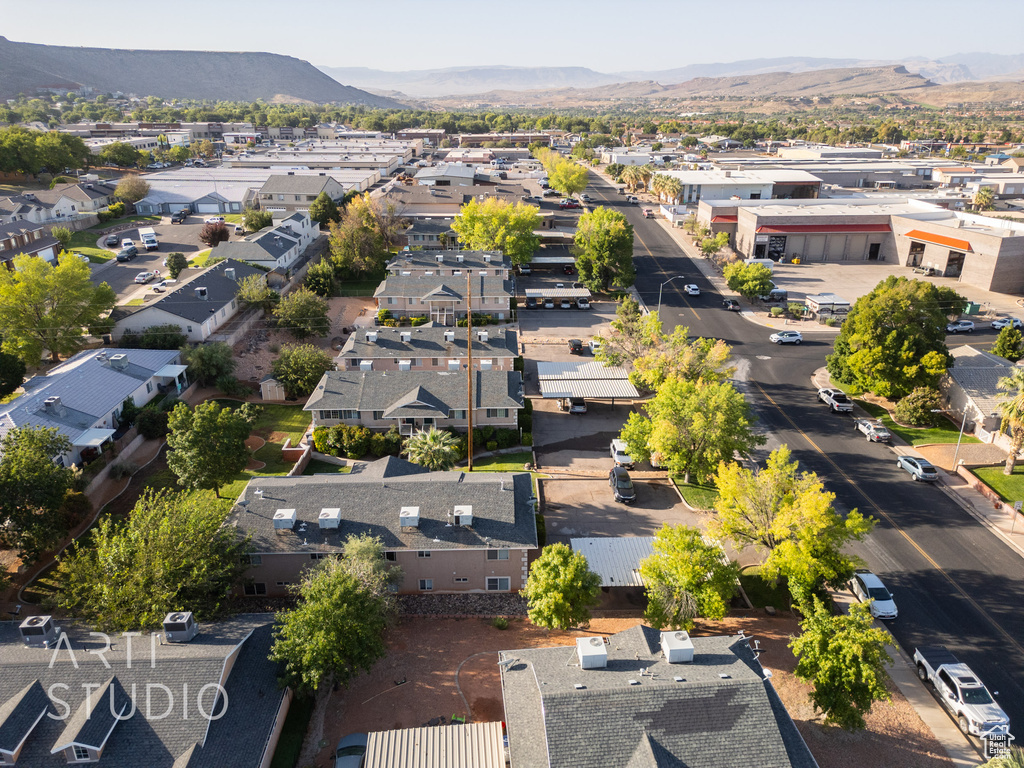 Aerial view of residential area with a mountain backdrop