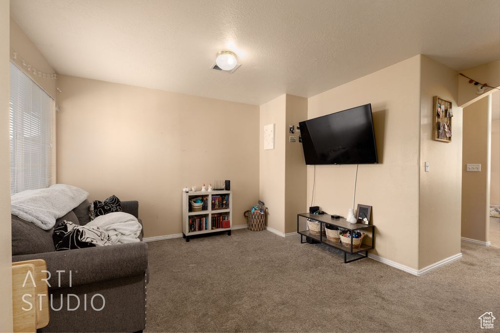 Living room with carpet floors and baseboards