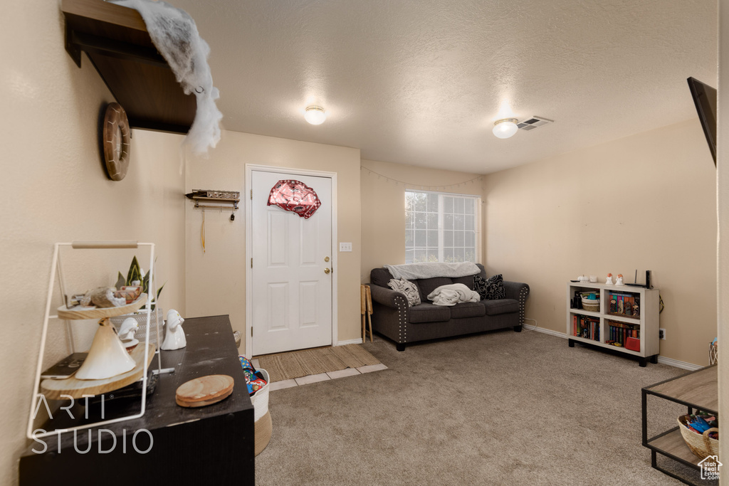 Carpeted living area with baseboards and a textured ceiling
