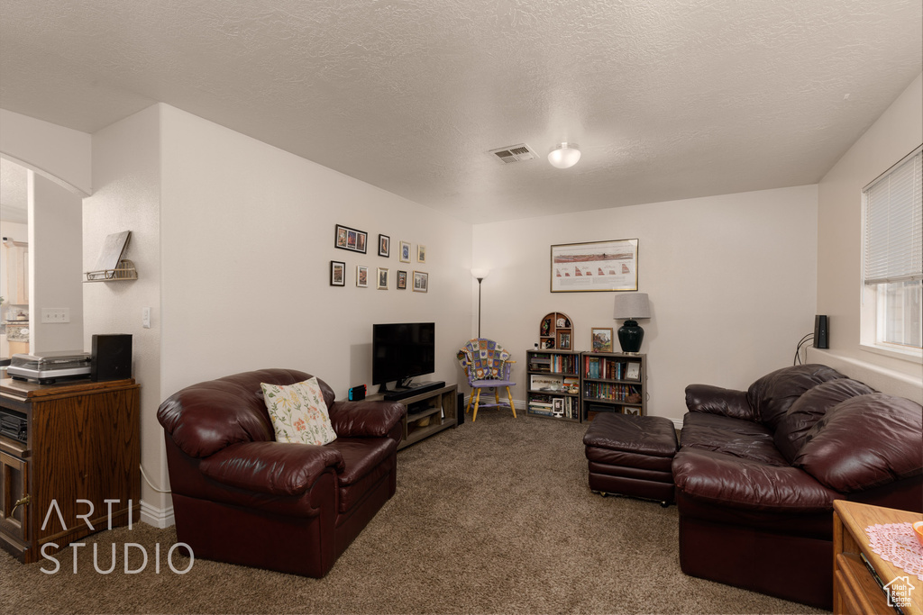Living room with carpet flooring, arched walkways, and a textured ceiling