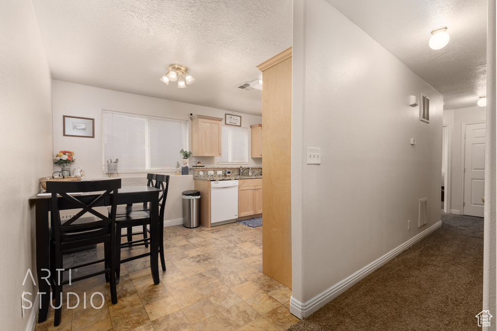 Kitchen featuring dishwasher, light brown cabinetry, and a textured ceiling