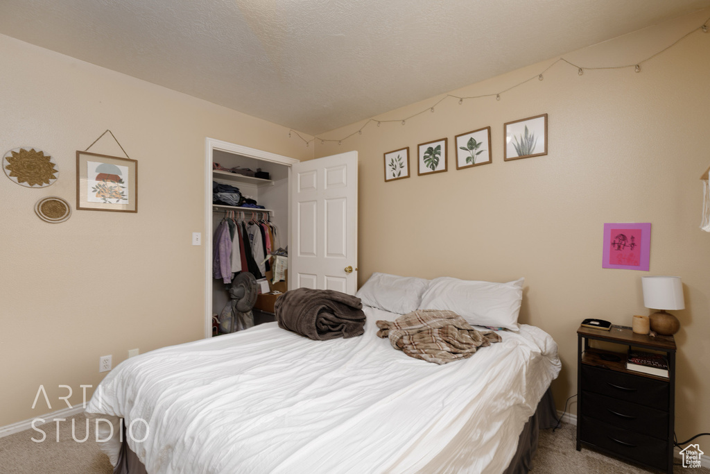 Carpeted bedroom with baseboards and a closet