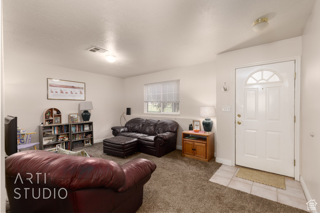 Living room with light carpet and light tile patterned floors