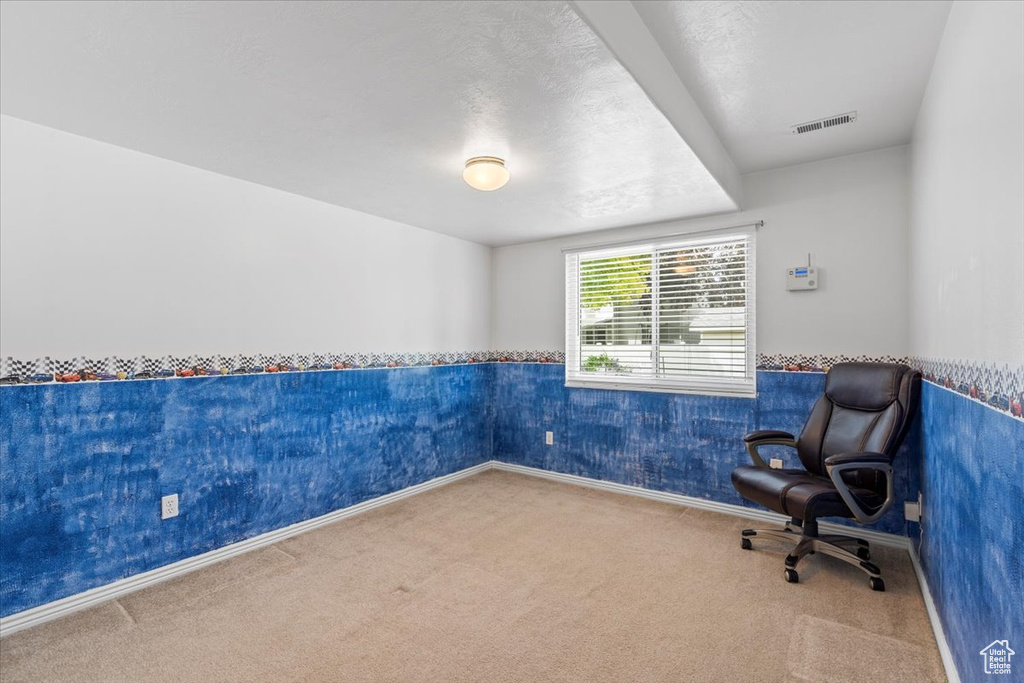 Unfurnished office featuring carpet flooring and a wainscoted wall