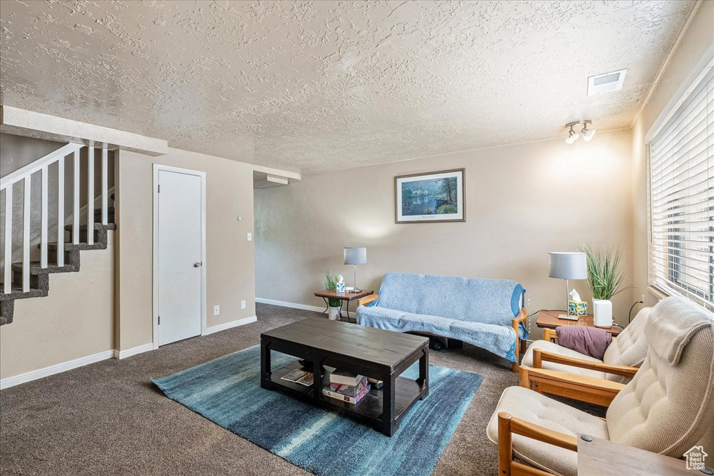 Living room featuring stairway, carpet floors, and a textured ceiling