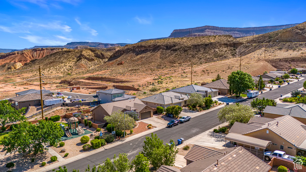Aerial perspective of suburban area featuring mountains
