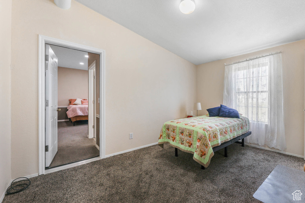 Carpeted bedroom featuring baseboards and lofted ceiling