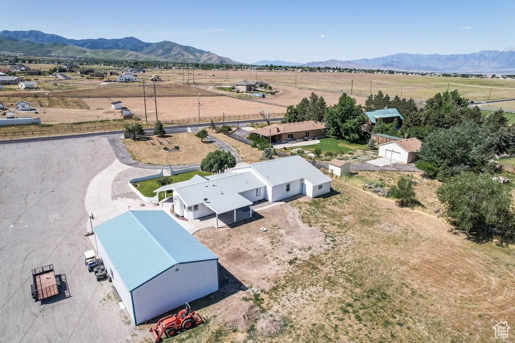 Overview of rural landscape with a mountain backdrop
