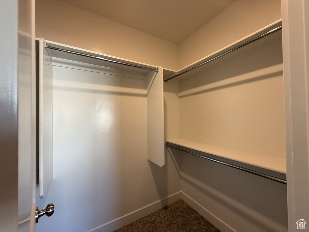 Walk in closet with dark colored carpet