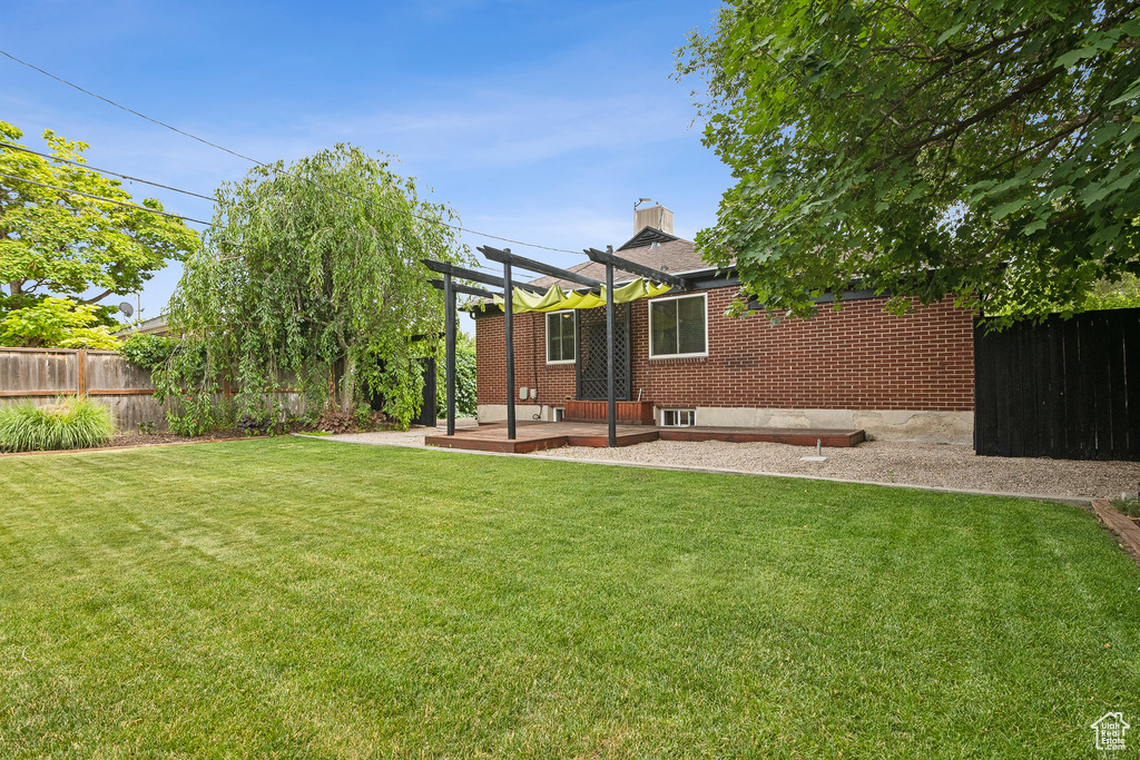 Fenced backyard featuring a pergola and a patio area