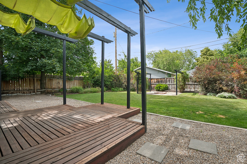 Deck with a fenced backyard