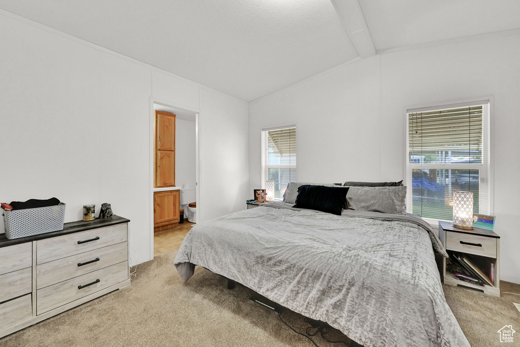 Bedroom with lofted ceiling and light carpet