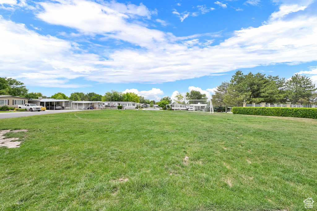 View of green lawn with a carport
