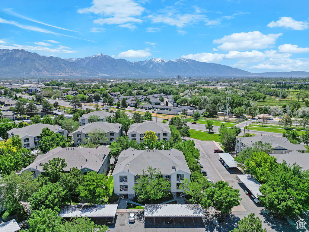 Aerial view of residential area with a mountain backdrop