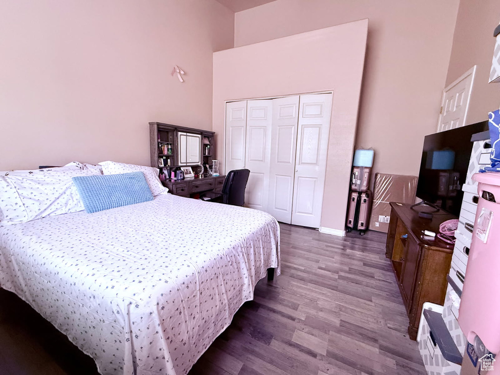 Bedroom featuring dark wood finished floors, a closet, and a towering ceiling
