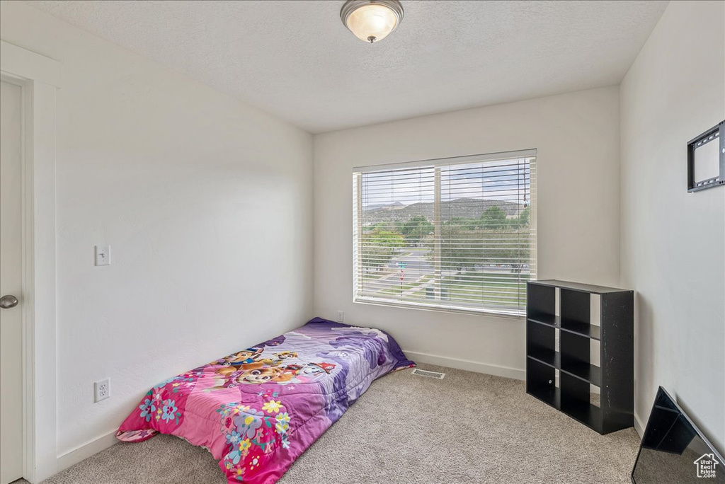 Carpeted bedroom with baseboards and a textured ceiling
