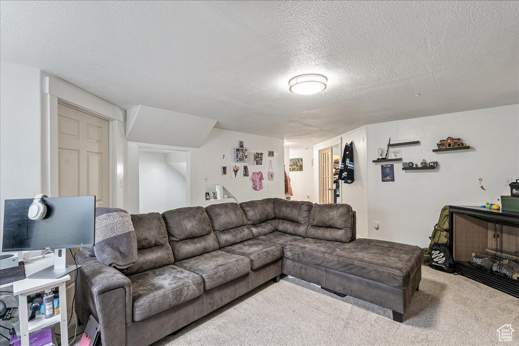 Living room featuring a textured ceiling and carpet