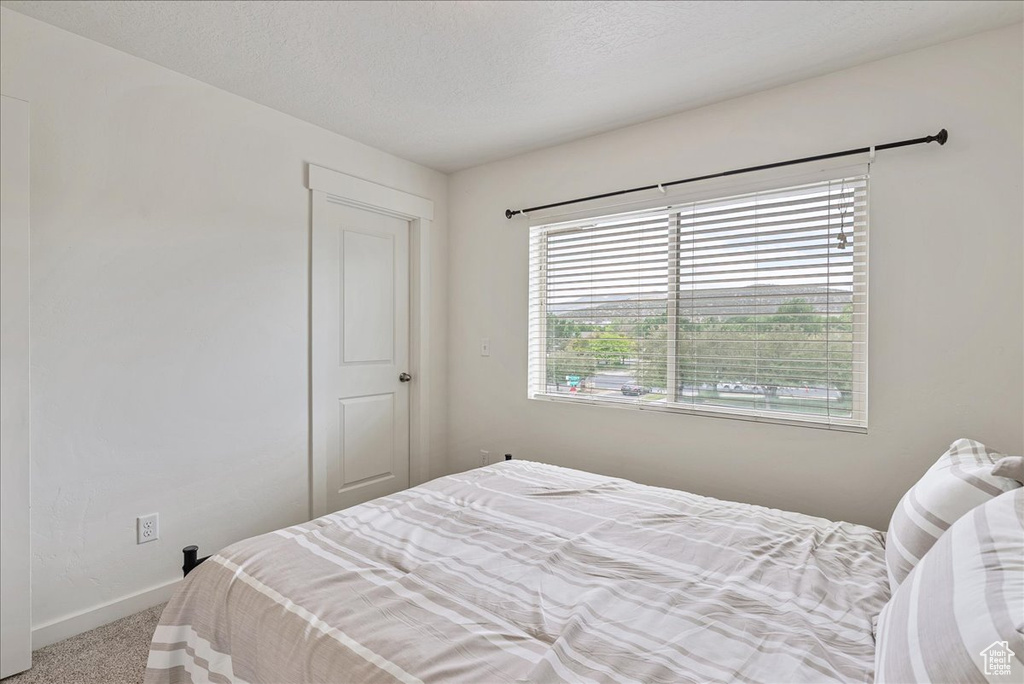 Carpeted bedroom with baseboards and a textured ceiling