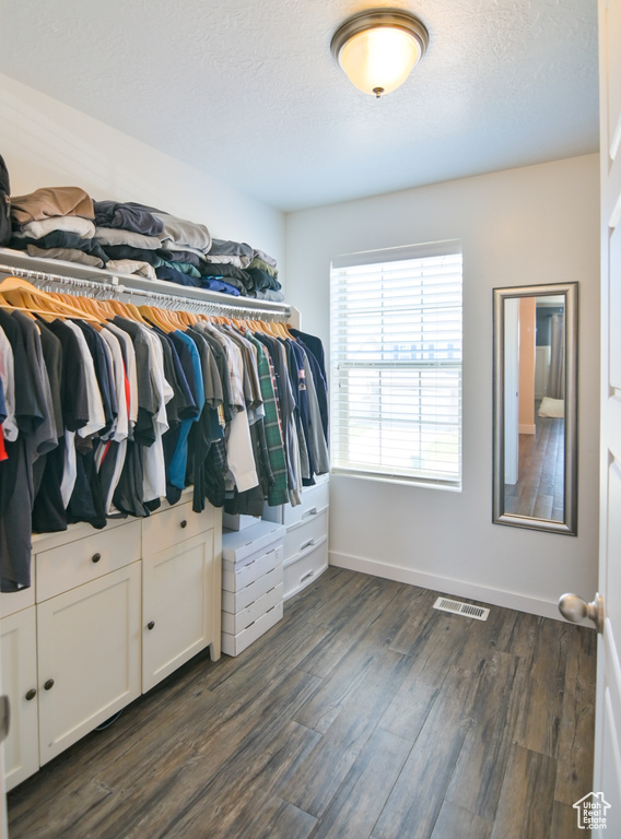 Walk in closet with dark wood-style flooring