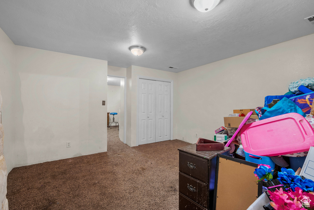 Game room with carpet and a textured ceiling