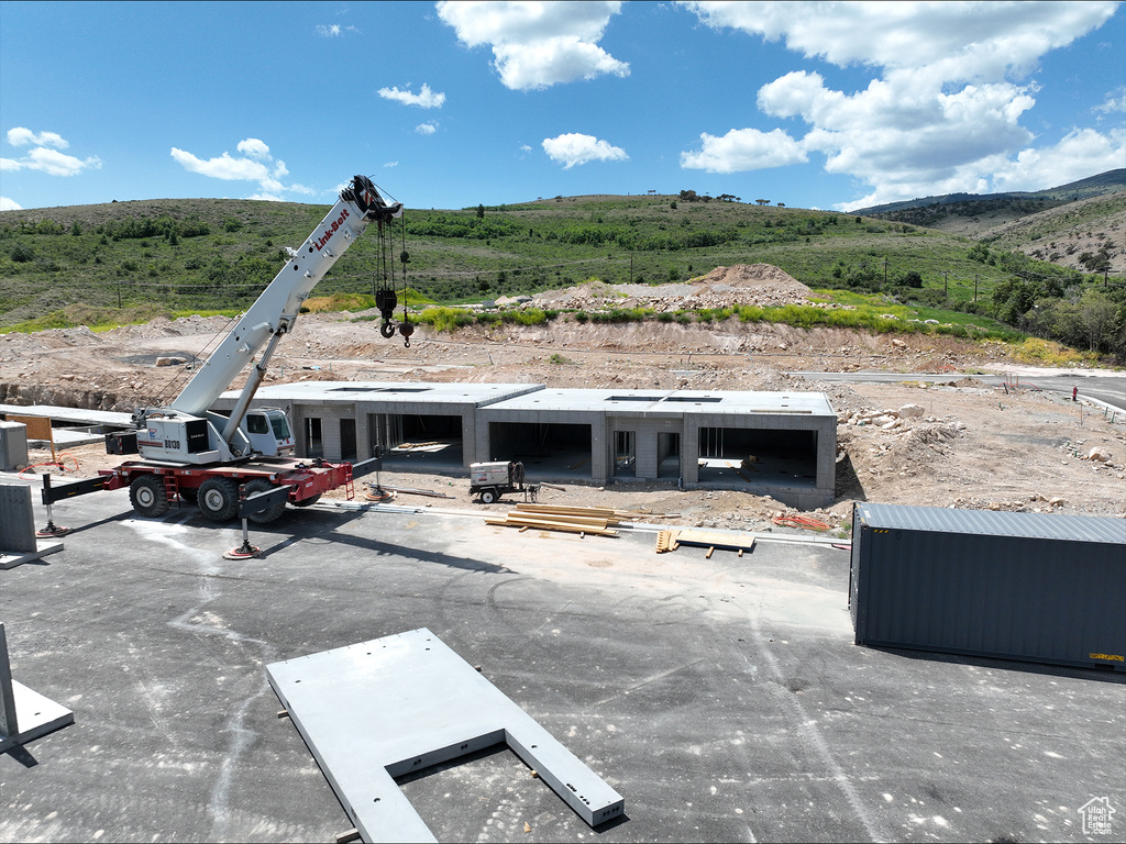 Exterior space with a mountainous background