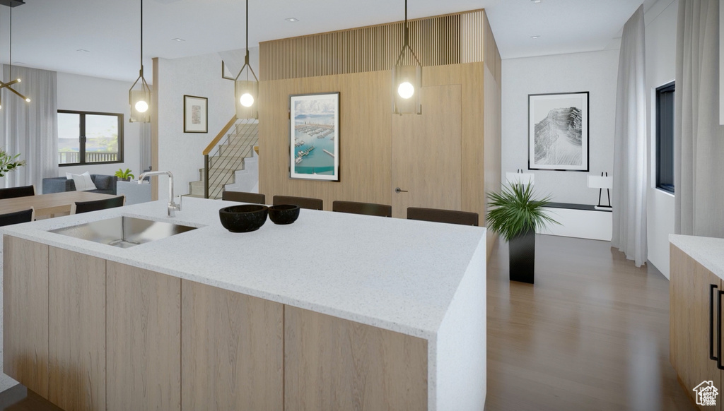 Kitchen with modern cabinets, light brown cabinetry, wood finished floors, and a kitchen island with sink