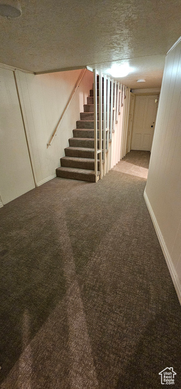 Finished below grade area featuring a textured ceiling, stairs, and carpet