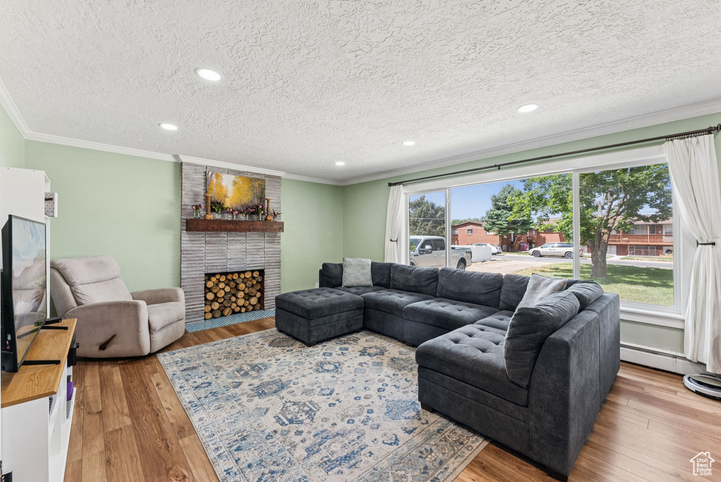 Living area featuring a textured ceiling, crown molding, wood finished floors, a baseboard heating unit, and recessed lighting