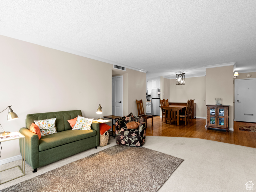 Living room featuring wood finished floors, ornamental molding, a textured ceiling, and carpet