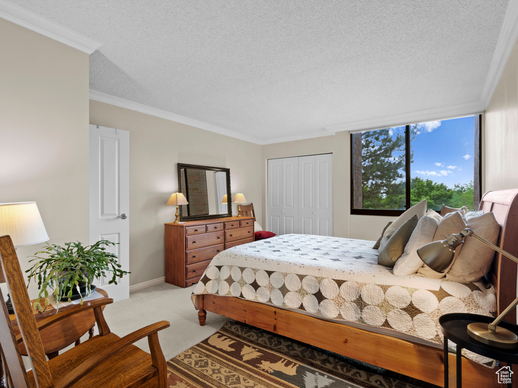 Bedroom featuring carpet, a textured ceiling, a closet, and ornamental molding