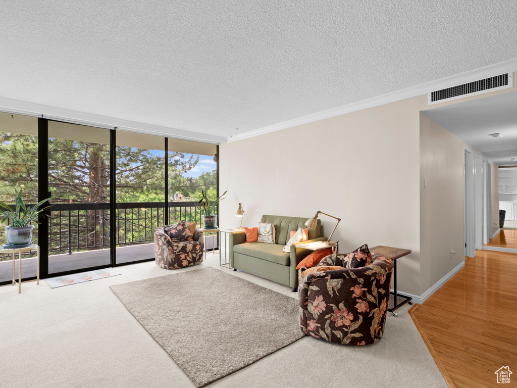 Living room featuring expansive windows, a textured ceiling, crown molding, and wood finished floors