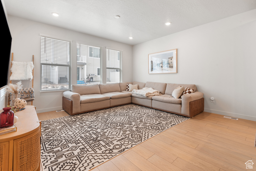 Living room with light wood-type flooring and recessed lighting